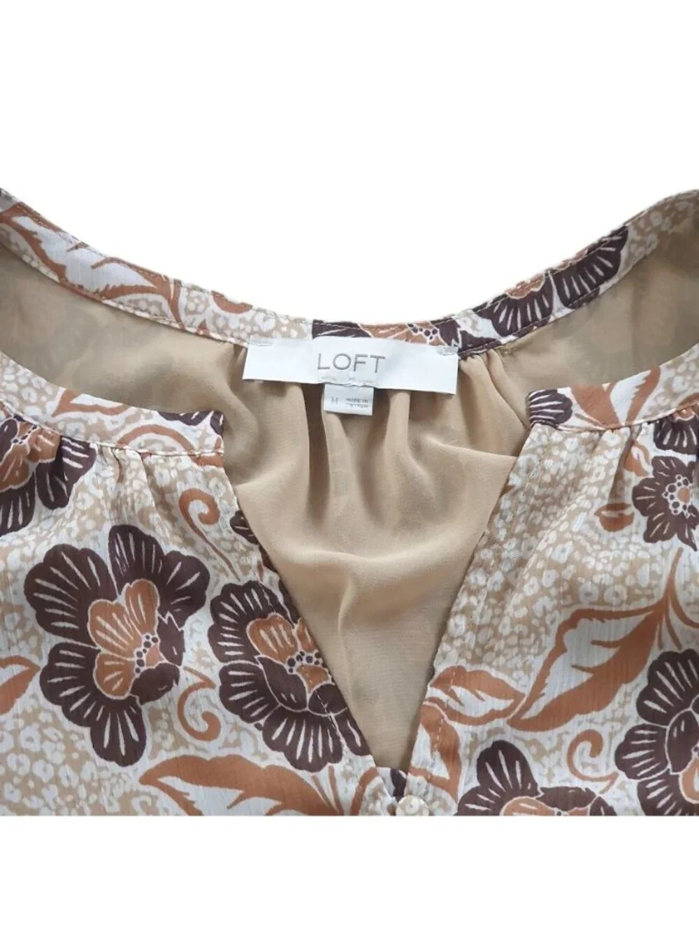 Loft Womens Floral Puff Sleeve Blouse Beige Brown Medium Lightweight V Neckline